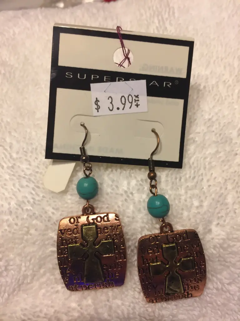 Burnished metal deco bible letter cross earrings. Color copper/turquoise