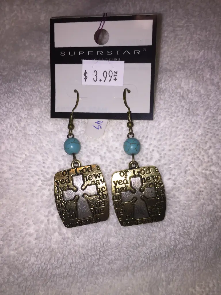 Burnished metal deco bible letter cross earrings. Color gold/turquoise