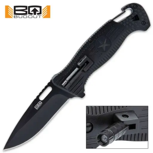 [BK5512] BugOut Black Rescue Pocket Knife With Flashlight - Stainless Steel Blade, TPU Handle, Integrated Carabiner Clip, Pocket Clip -BK5512
