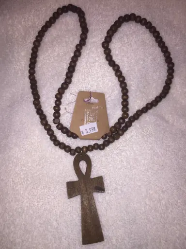 [1475] Wooden Beaded Elastic Necklace with Cross