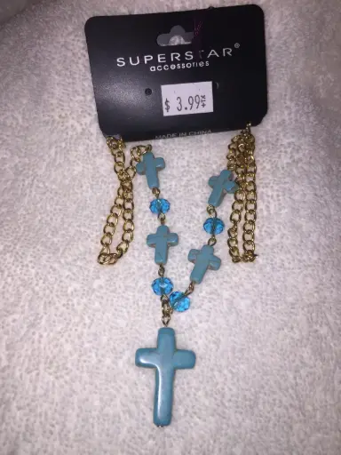 [1474] Colored Cross with Beads Metal Chain Necklace