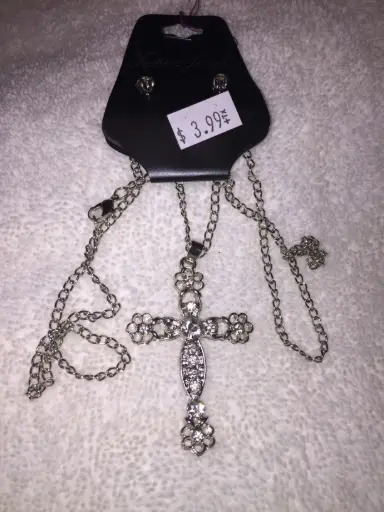 [1438] Gold and silver metal base deco stone cross necklace. Color Silver
